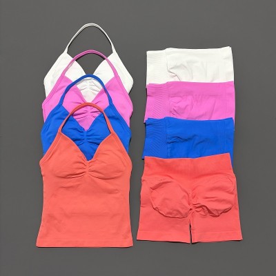 Women Seamless 2 Pieces Sports Set Halter Backless Tank Yoga Top High Waist Scrunch Shorts Gym Workout Activewear Suit