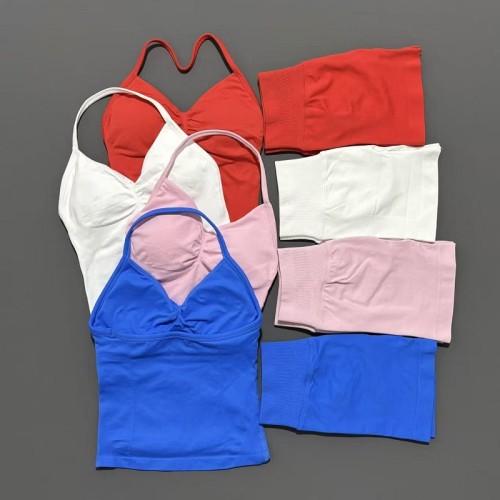 Women Seamless 2 Pieces Sports Set Halter Backless Tank Yoga Top High Waist Scrunch Shorts Gym Workout Activewear Suit