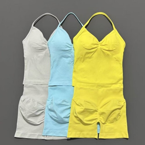 Women Seamless 2 Pieces Sports Set Halter Backless Tank Yoga Top High Waist Scrunch Shorts Gym Workout Activewear Suit