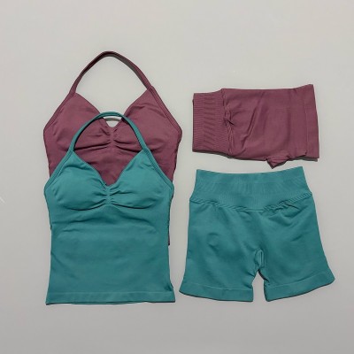 Women Seamless 2 Pieces Sports Set Halter Backless Tank Yoga Top Gym Workout Activewear Suit