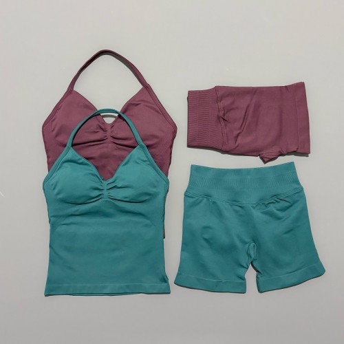 Women Seamless 2 Pieces Sports Set Halter Backless Tank Yoga Top High Waist Scrunch Shorts Gym Workout Activewear Suit
