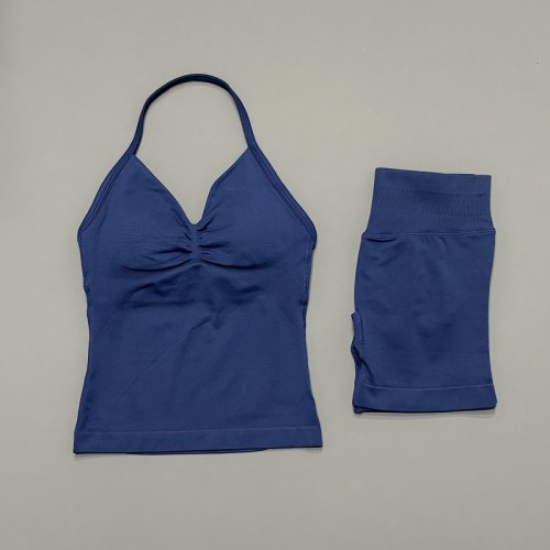 Women Seamless 2 Pieces Sports Set Halter Backless Tank Yoga Top High Waist Scrunch Shorts Gym Workout Activewear Suit