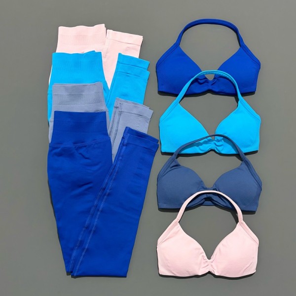 Women Seamless 2 Pieces Yoga Set Halter Backless Sports Bra High Waist Scrunch Leggings Gym Workout Activewear Suit