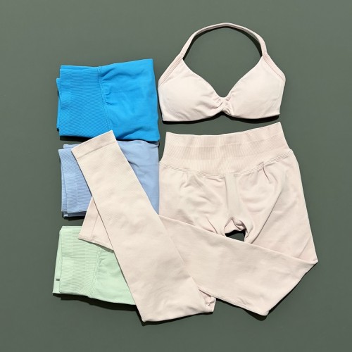 Women Seamless 2 Pieces Yoga Set Halter Backless Sports Bra High Waist Scrunch Leggings Gym Workout Activewear Suit