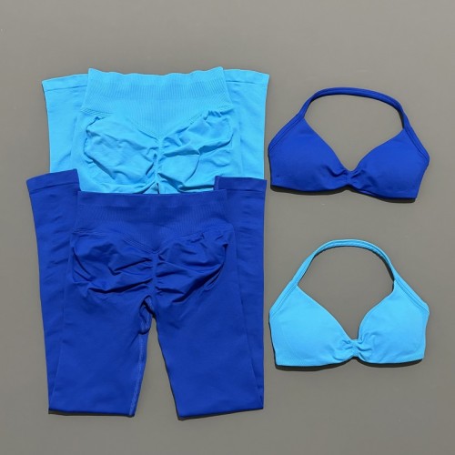 Women Seamless 2 Pieces Yoga Set Halter Backless Sports Bra High Waist Scrunch Leggings Gym Workout Activewear Suit