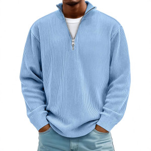 Men Half Zip Stand Collar Corduroy Sweatshirt, Loose Long Sleeve Solid Color Pullover Casual Jacket for Fall Winter