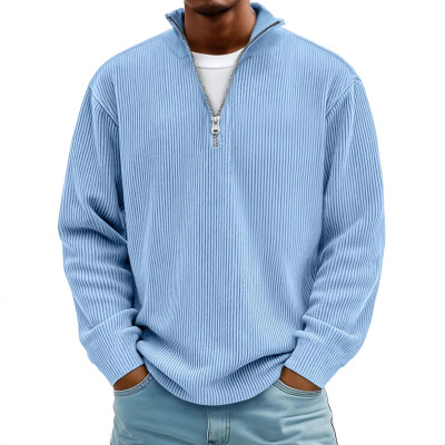 Men Half Zip Stand Collar Corduroy Sweatshirt, Loose Long Sleeve Solid Color Pullover Casual Jacket for Fall Winter