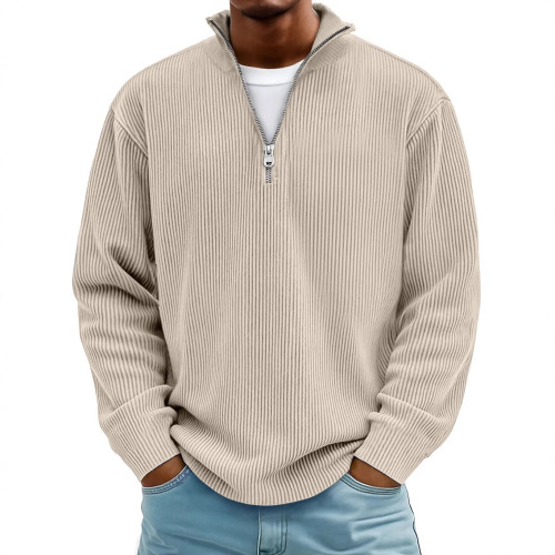 Men Half Zip Stand Collar Corduroy Sweatshirt, Loose Long Sleeve Solid Color Pullover Casual Jacket for Fall Winter