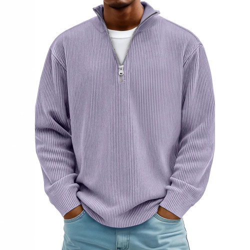 Men Half Zip Stand Collar Corduroy Sweatshirt, Loose Long Sleeve Solid Color Pullover Casual Jacket for Fall Winter