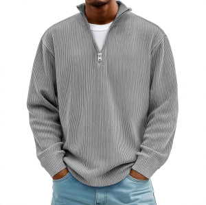 Men Half Zip Stand Collar Corduroy Sweatshirt, Loose Long Sleeve Solid Color Pullover Casual Jacket for Fall Winter