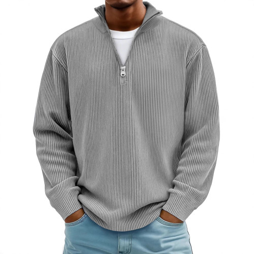 Men Half Zip Stand Collar Corduroy Sweatshirt, Loose Long Sleeve Solid Color Pullover Casual Jacket for Fall Winter