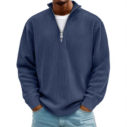Men Half Zip Stand Collar Corduroy Sweatshirt, Loose Long Sleeve Solid Color Pullover Casual Jacket for Fall Winter