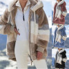 Women Color Block Faux Fur Hooded Coat, Loose Long Sleeve Warm Striped Plush Jacket for Winter