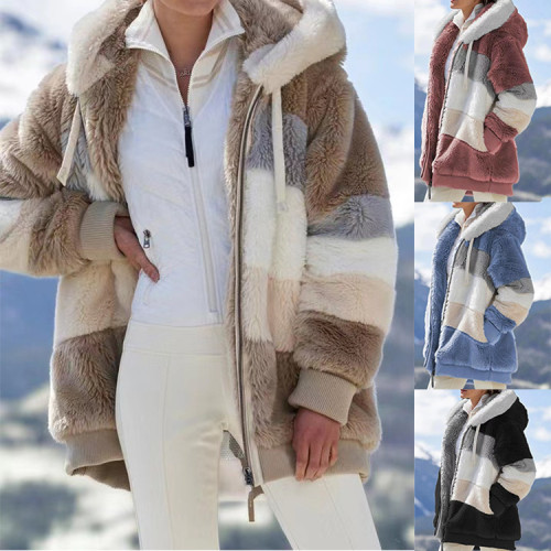 Women Color Block Faux Fur Hooded Coat, Loose Long Sleeve Warm Striped Plush Jacket for Winter