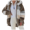 Women Color Block Faux Fur Hooded Coat, Loose Long Sleeve Warm Striped Plush Jacket for Winter