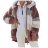 Women Color Block Faux Fur Hooded Coat, Loose Long Sleeve Warm Striped Plush Jacket for Winter