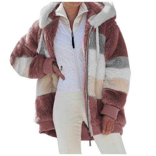 Women Color Block Faux Fur Hooded Coat, Loose Long Sleeve Warm Striped Plush Jacket for Winter