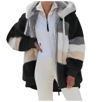 Women Color Block Faux Fur Hooded Coat, Loose Long Sleeve Warm Striped Plush Jacket for Winter