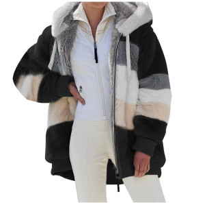 Women Color Block Faux Fur Hooded Coat, Loose Long Sleeve Warm Striped Plush Jacket for Winter