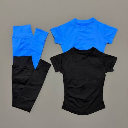 Women 2 Piece Yoga Workout Set, Round Neck Short Sleeve Top & High Waist Leggings Breathable Gym Sportswear