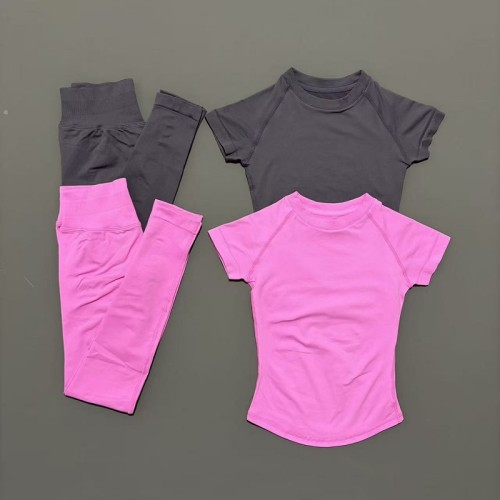 Women 2 Piece Yoga Workout Set, Round Neck Short Sleeve Top & High Waist Leggings Breathable Gym Sportswear