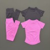 Women 2 Piece Yoga Workout Set, Round Neck Short Sleeve Top & High Waist Leggings Breathable Gym Sportswear