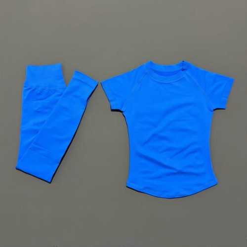 Women 2 Piece Yoga Workout Set, Round Neck Short Sleeve Top & High Waist Leggings Breathable Gym Sportswear