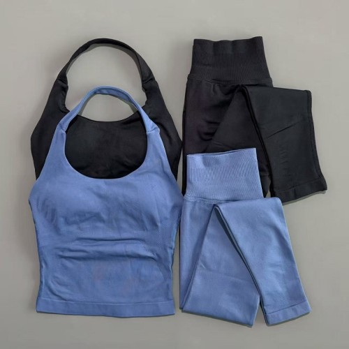 Women 2 Piece Halter Neck Yoga Workout Set, Ruched Bow High Waist Leggings Breathable Gym Fitness Sportswear