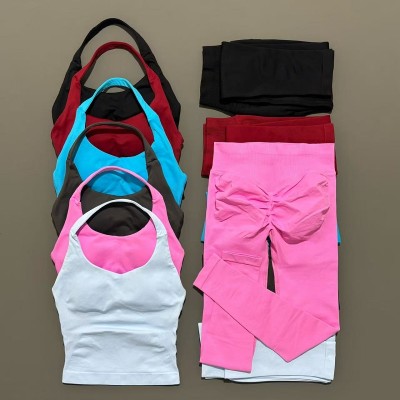 Women 2 Piece Halter Neck Yoga Workout Set, Ruched Bow High Waist Leggings Breathable Gym Fitness Sportswear