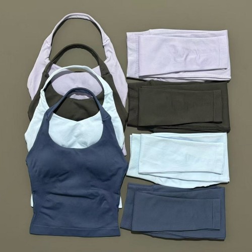 Women 2 Piece Halter Neck Yoga Workout Set, Ruched Bow High Waist Leggings Breathable Gym Fitness Sportswear