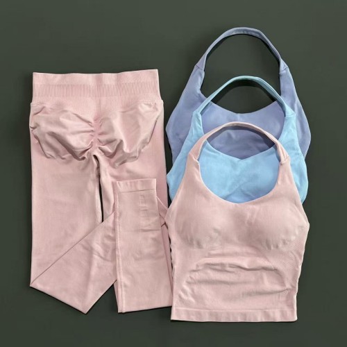 Women 2 Piece Halter Neck Yoga Workout Set, Ruched Bow High Waist Leggings Breathable Gym Fitness Sportswear
