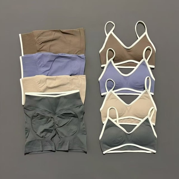 Women 2 Piece Ignite Sculpt Scrunch Yoga Set, Contrast Trim Sports Bra & High Waist Biker Shorts Fitness Running Suit