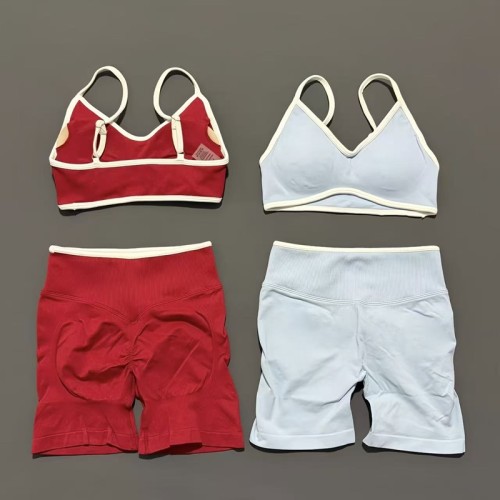 Women 2 Piece Ignite Sculpt Scrunch Yoga Set, Contrast Trim Sports Bra & High Waist Biker Shorts Fitness Running Suit
