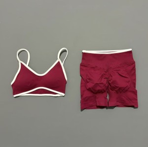 2 Piece Yoga Set, Contrast Trim Sports Bra & High Waist Biker Shorts Fitness Running Suit