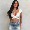 Women Deep V Neck Wrap Crop Top, Short Sleeve Hollow Out T-Shirt, Stretchy Slim Fit Daily Tees