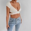 Women Deep V Neck Wrap Crop Top, Short Sleeve Hollow Out T-Shirt, Stretchy Slim Fit Daily Tees