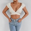 Women Deep V Neck Wrap Crop Top, Short Sleeve Hollow Out T-Shirt, Stretchy Slim Fit Daily Tees
