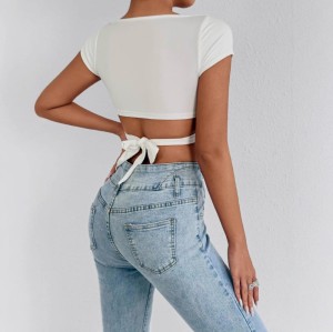 Women Deep V Neck Wrap Crop Top, Short Sleeve Hollow Out T-Shirt, Stretchy Slim Fit Daily Tees
