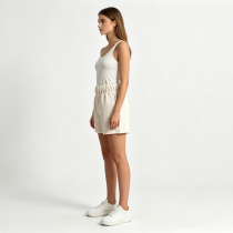 Women Casual Drawstring Sweat Shorts Solid Beige Elastic High Waist Loose Wide Soft Blend Athletic
