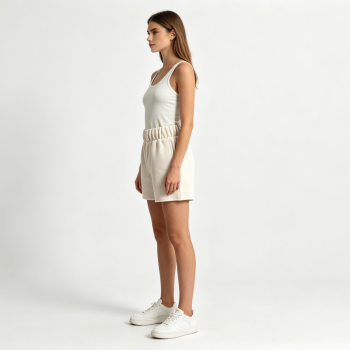 Women Casual Drawstring Sweat Shorts Solid Beige Elastic High Waist Loose Wide Soft Blend Athletic