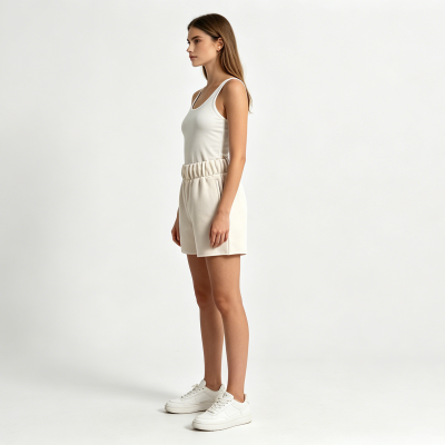 Women Casual Drawstring Sweat Shorts Solid Beige Elastic High Waist Loose Wide Soft Blend Athletic