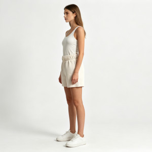 Women Casual Drawstring Sweat Shorts Solid Beige Elastic High Waist Loose Wide Soft Blend Athletic