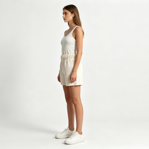 Women Casual Drawstring Sweat Shorts Solid Beige Elastic High Waist Loose Wide Soft Blend Athletic