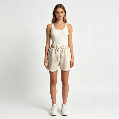 Women Casual Drawstring Sweat Shorts Solid Beige Elastic High Waist Loose Wide Soft Blend Athletic