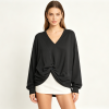 V Neck Cutout Twist Front Cover up Tops Soft Rayon Jersey Loose Casual Hollow Shoulder Knit Blouse