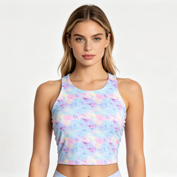 Custom Cloud Tie Dye Racerback Crop Tank Tops Ladies High Neck Sleeveless Gym Fitness Cropped Vest