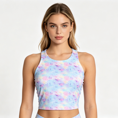 Custom Cloud Tie Dye Racerback Crop Tank Tops Ladies High Neck Sleeveless Gym Fitness Cropped Vest