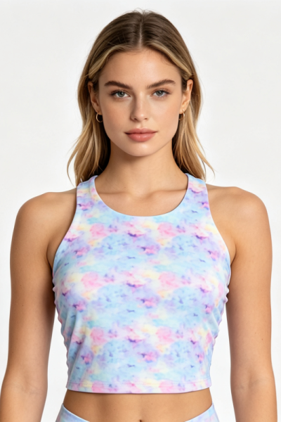 Custom Cloud Tie Dye Racerback Crop Tank Tops Ladies High Neck Sleeveless Gym Fitness Cropped Vest