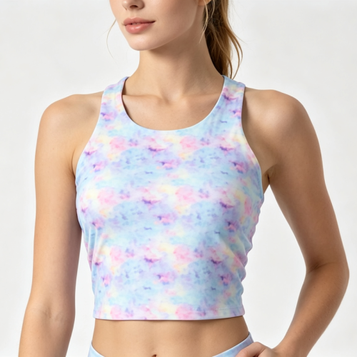 Custom Cloud Tie Dye Racerback Crop Tank Tops Ladies High Neck Sleeveless Gym Fitness Cropped Vest