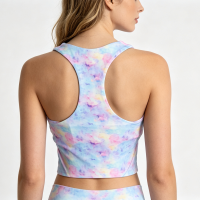 Custom Cloud Tie Dye Racerback Crop Tank Tops Ladies High Neck Sleeveless Gym Fitness Cropped Vest